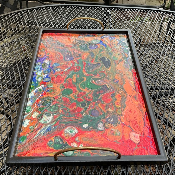 Gorgeous Handmade Original Colorfully Painted Wooden Brass Handle Serving Tray! - Picture 4 of 15